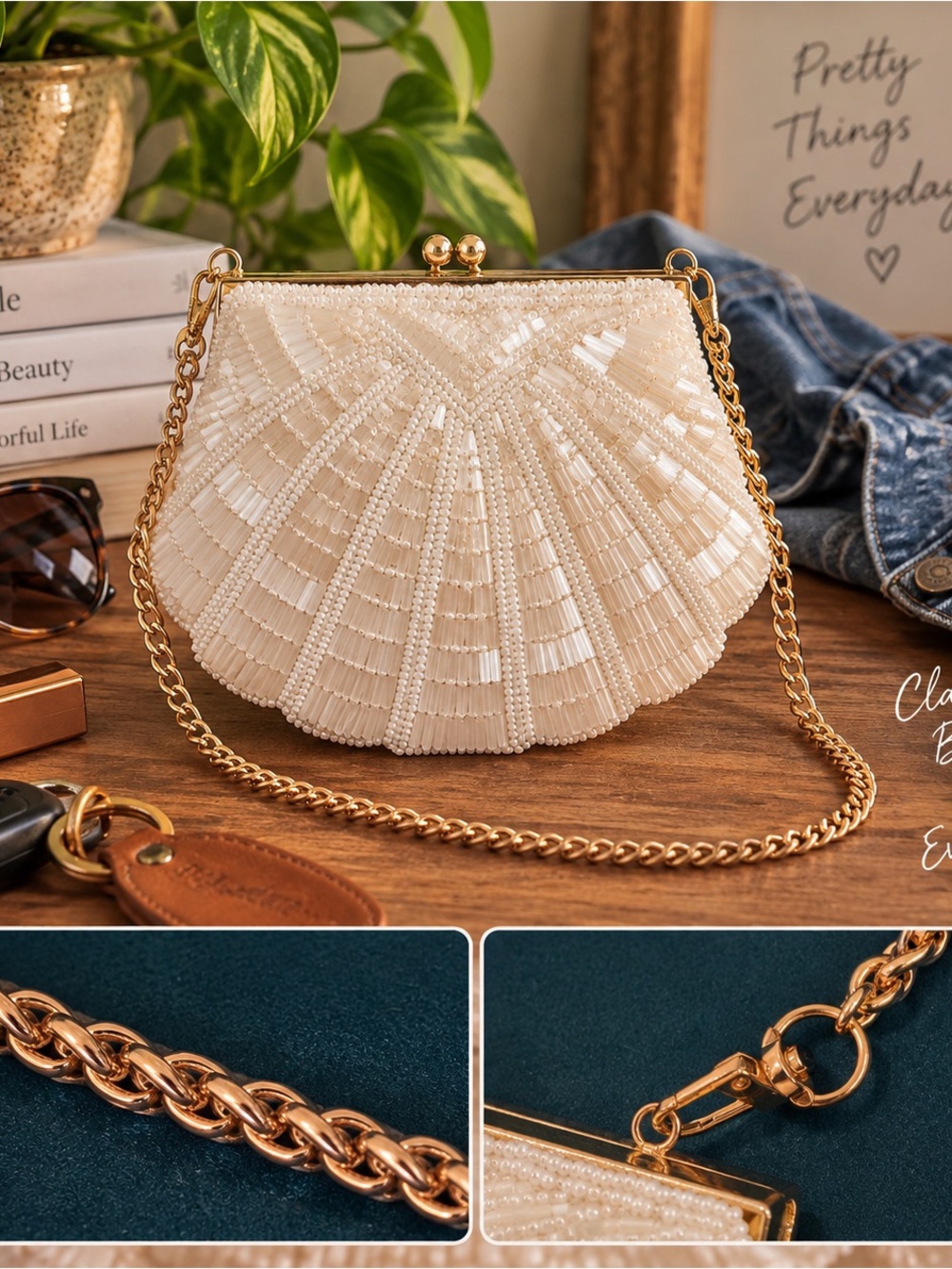 La Regale Ivory Beaded Shell Shoulder Bag with Gold Chain